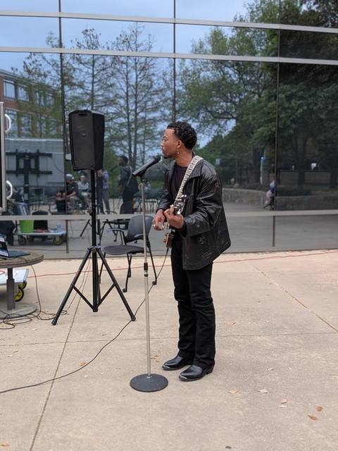 Taking the mic on Trinity Plaza.